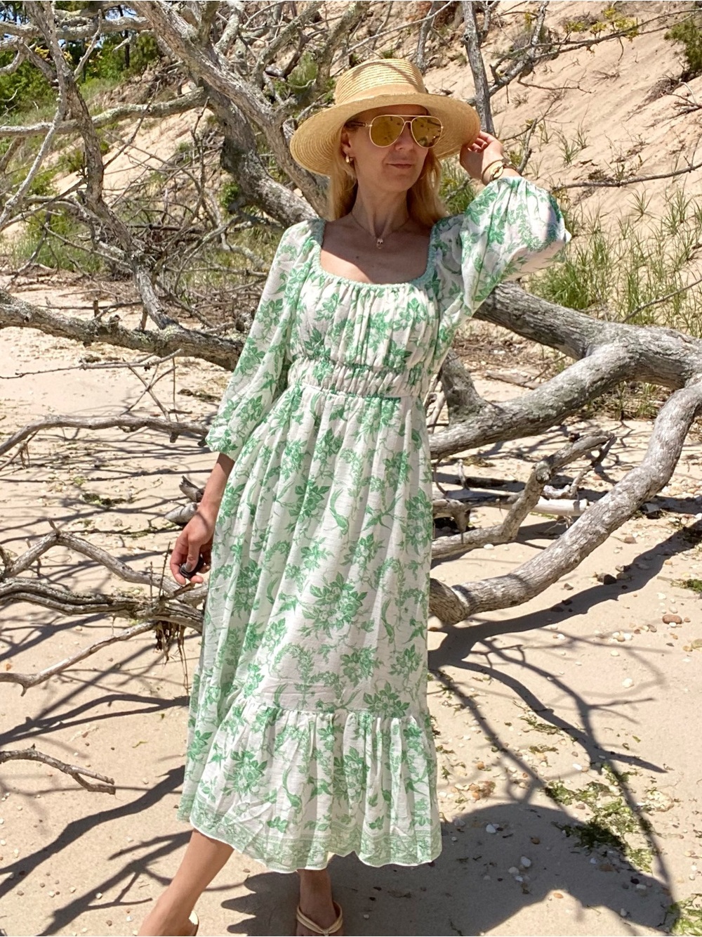 MAX STUDIO Boho Green Floral Peasant Midi Dress! 🍃